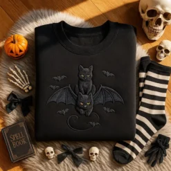 Embroidered Halloween Black Cat Sweatshirt