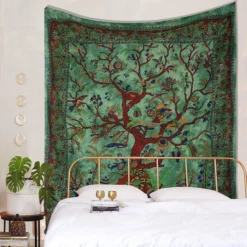 Green Tie Dye Indian Tree of Life Tapestry